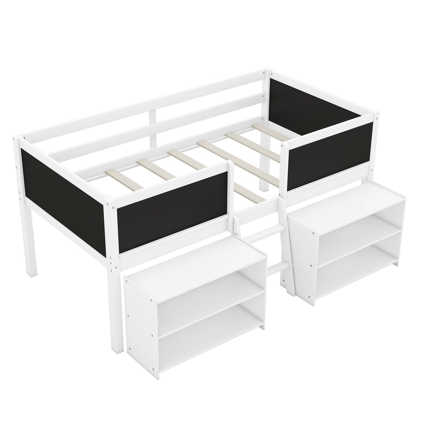 Twin Size Low Loft Bed with Two Movable Shelves and Ladder,with Decorative Guardrail Chalkboard,White - Korvel