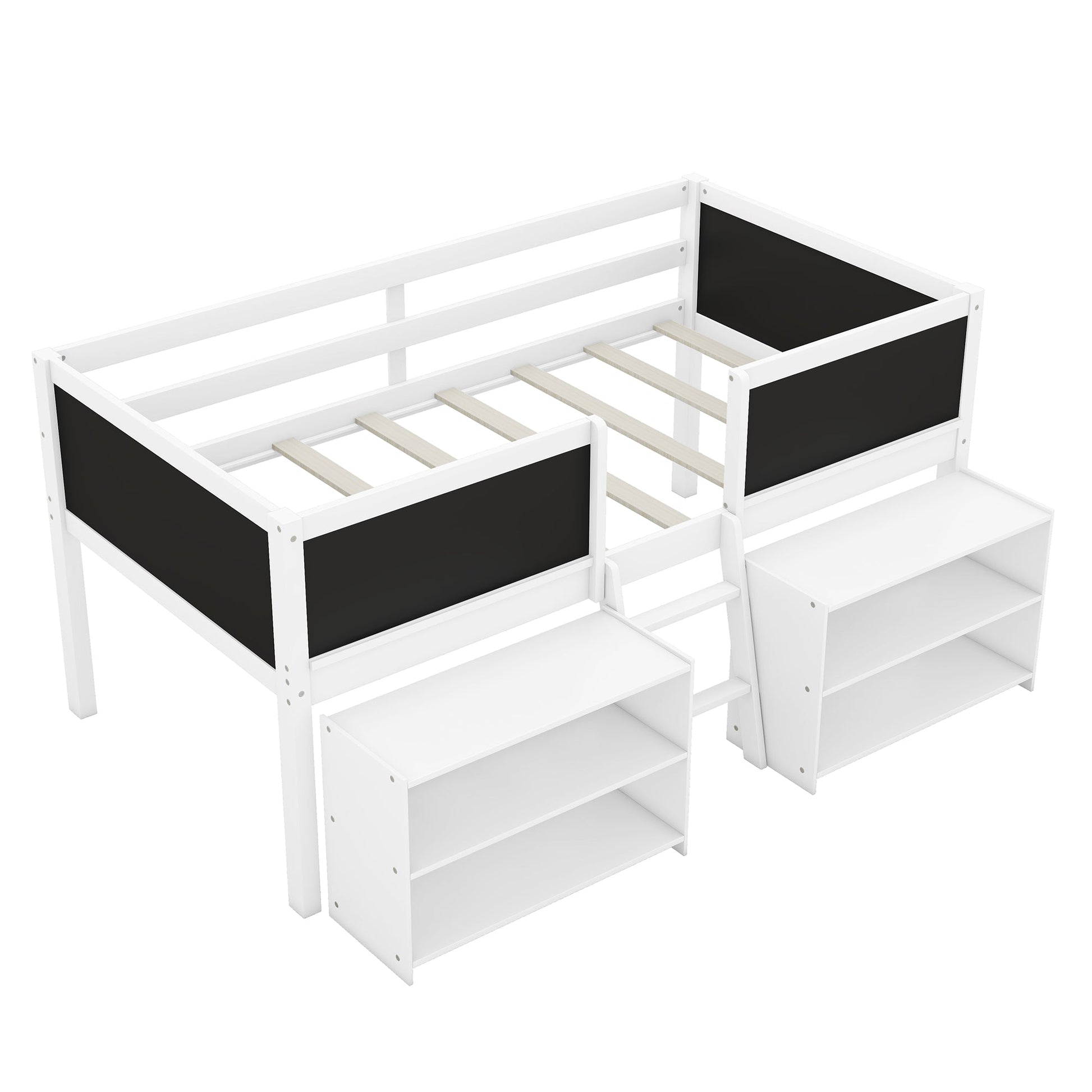 Twin Size Low Loft Bed with Two Movable Shelves and Ladder,with Decorative Guardrail Chalkboard,White - Korvel
