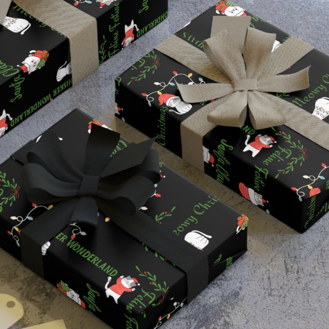Rouleau de papier cadeau de Noël avec des jeux de mots sur les chats pour les célébrations des fêtes
