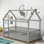 Twin Size Floor Wooden Bed with House Roof Frame Fence Guardrails Grey - Korvel