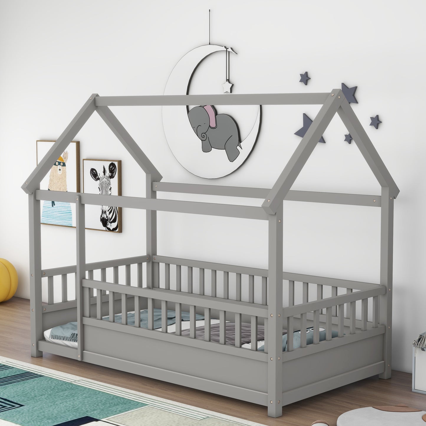 Twin Size Floor Wooden Bed with House Roof Frame Fence Guardrails Grey - Korvel