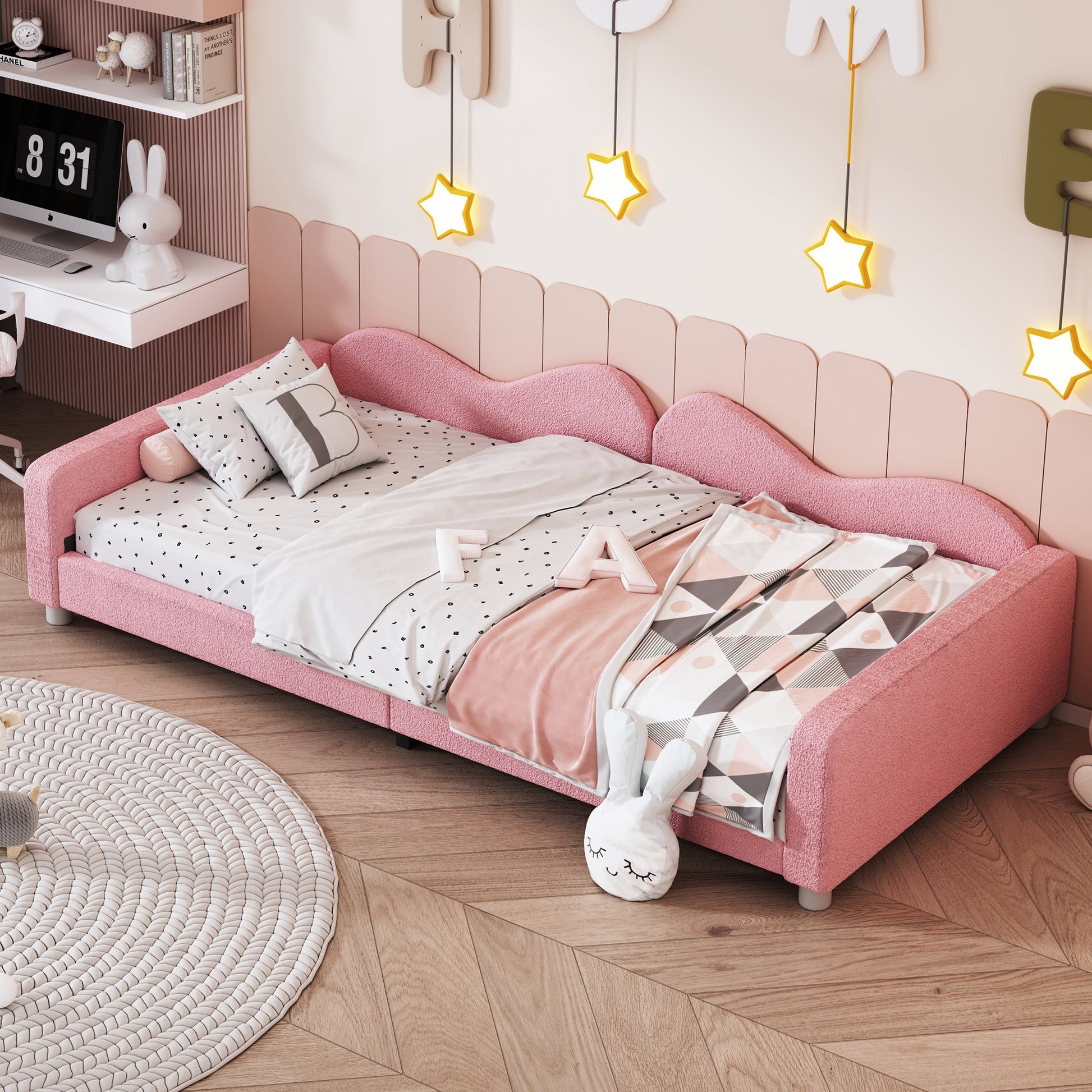 Twin size Upholstered Daybed, Sherpa Fabric Sofabed with Cloud-Shaped Backrest, No Box-spring Needed, Pink - Korvel