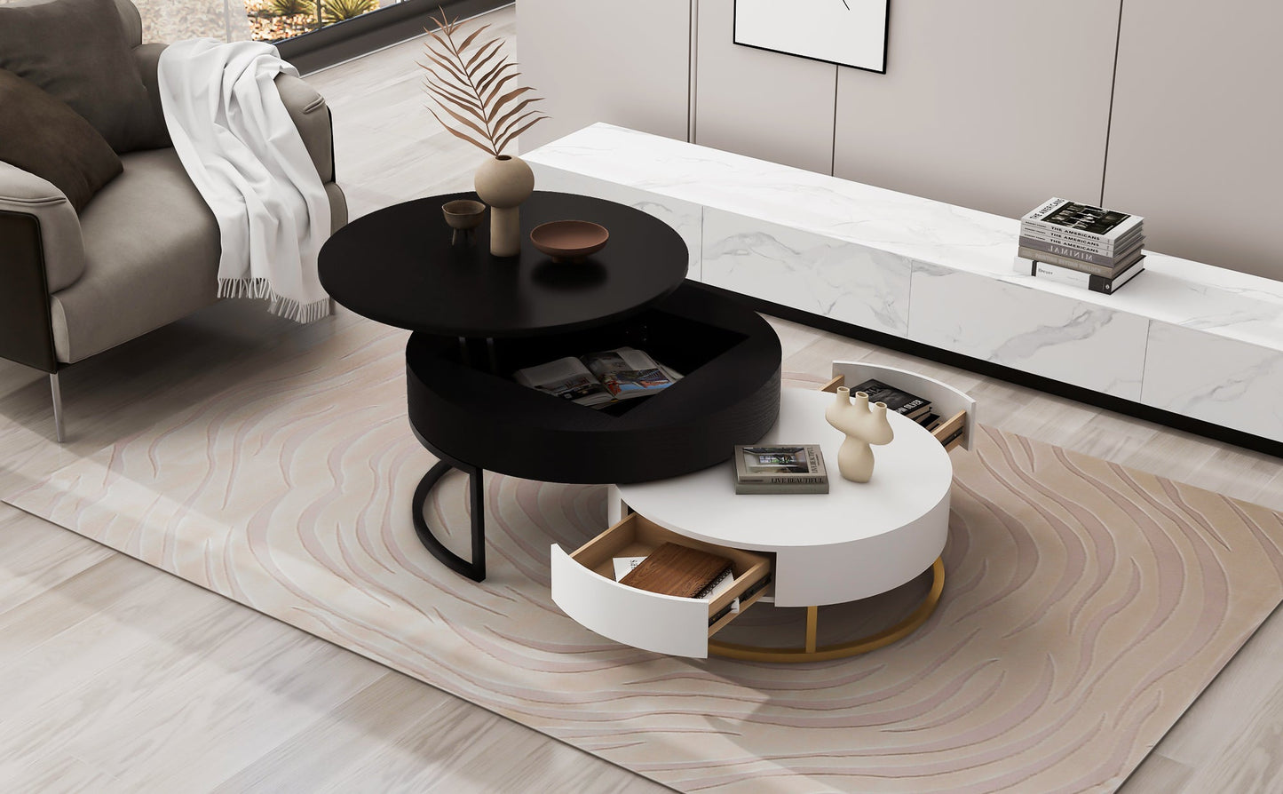 Tables basses empilables rondes modernes avec plateau relevable et tiroirs