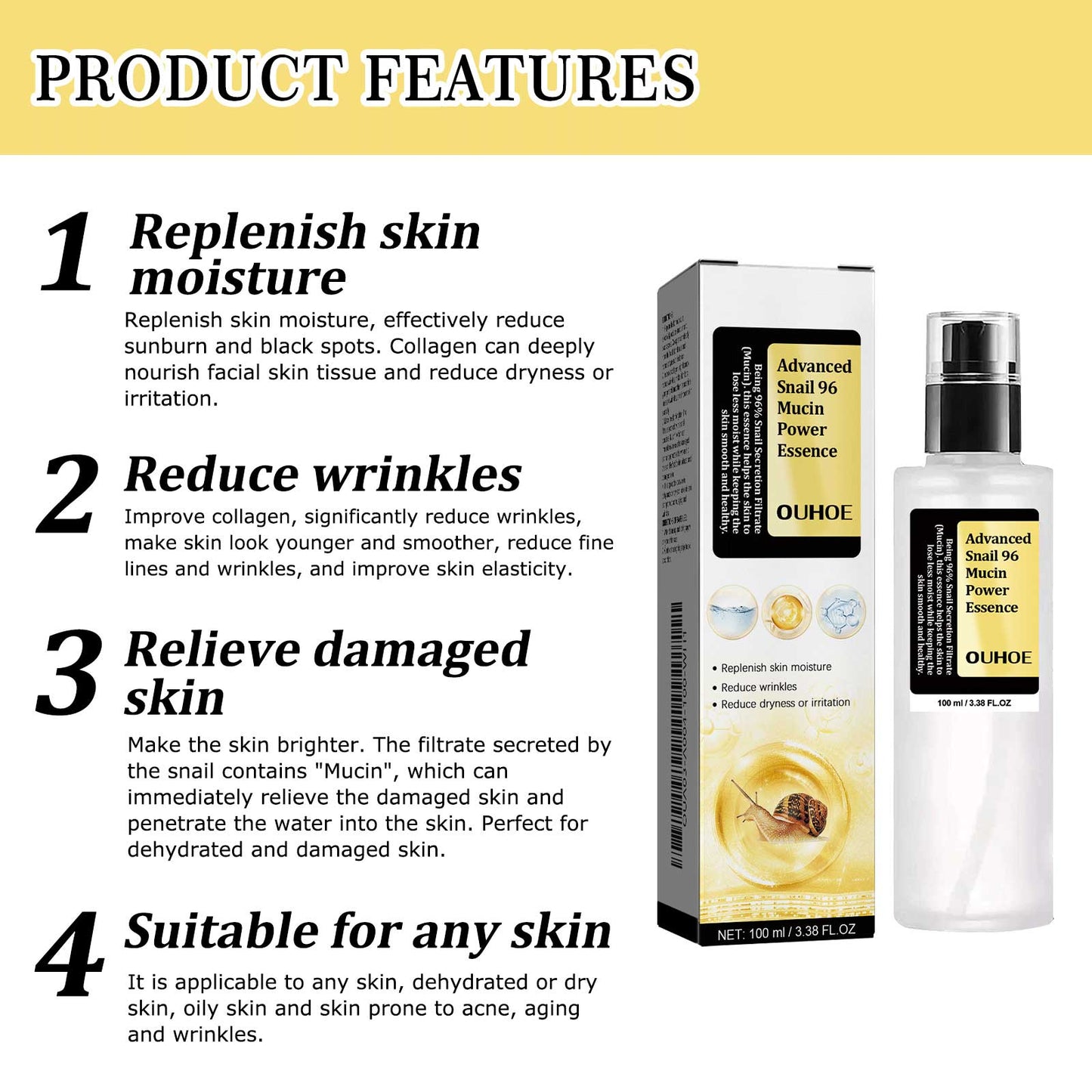 Snail 96 Collagen Power Essence, Repair Skin Barrier Moisturizing And Fading Dark Spots Snail Essence - Korvel