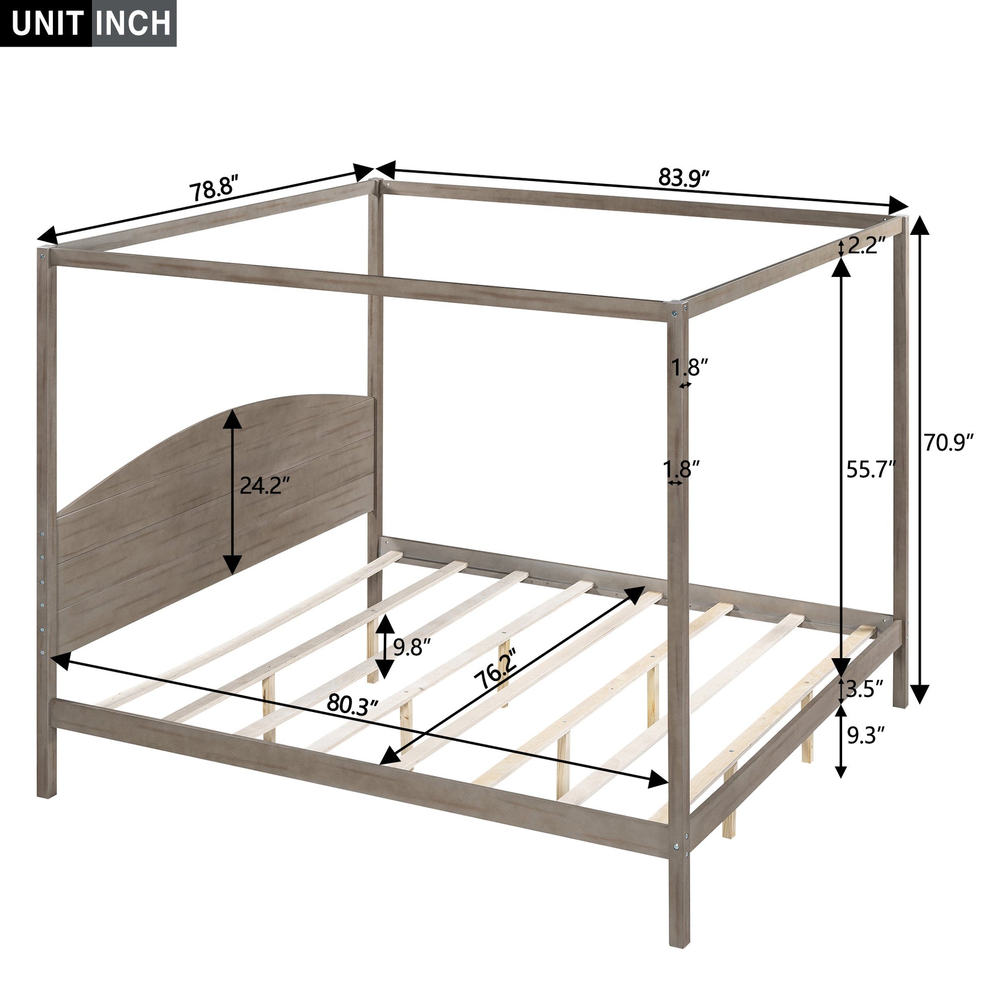 King Size Canopy Platform Bed with Headboard and Support Legs, Brown Wash - Korvel