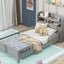 Wood Twin Size Platform Bed with Built-in LED Light  Storage Headboard and Guardrail Antique Grey - Korvel