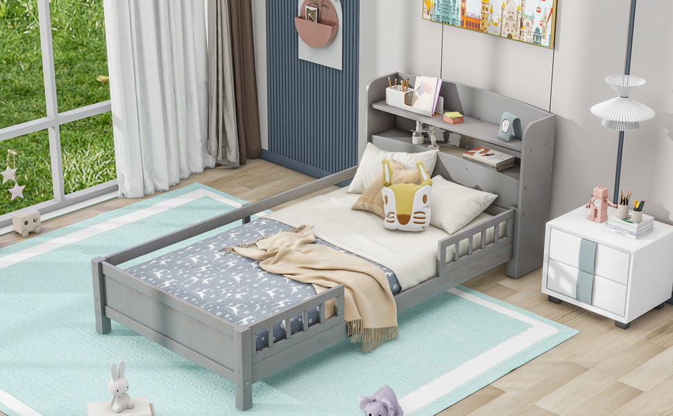 Wood Twin Size Platform Bed with Built-in LED Light  Storage Headboard and Guardrail Antique Grey - Korvel