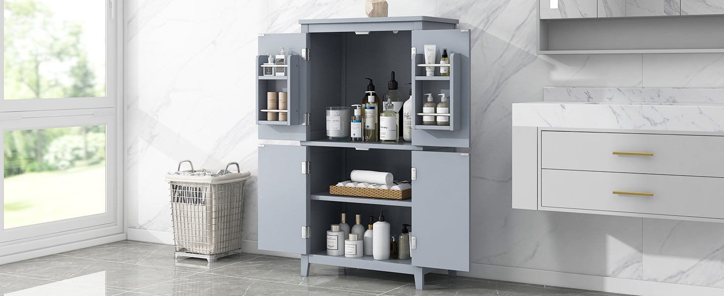 Bathroom floor storage cabinet, bathroom storage cabinet, 4-door independent cabinet, adjustable shelf, adaptive shelf, gray - Korvel