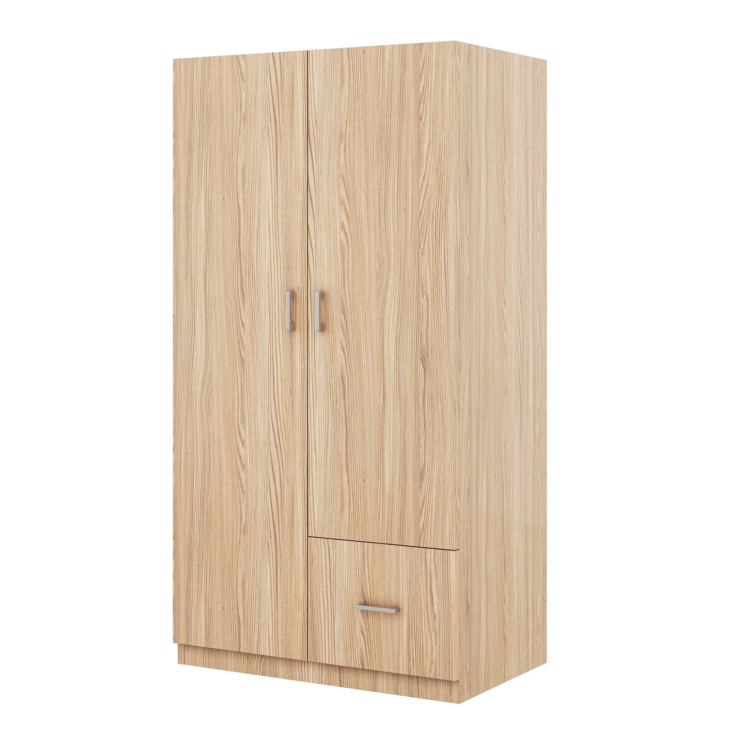 Wooden Wardrobe with Double Doors, Armoire with Hanging Rod, 5 Fixed Shelves, One Storage Drawer,Natural - Korvel