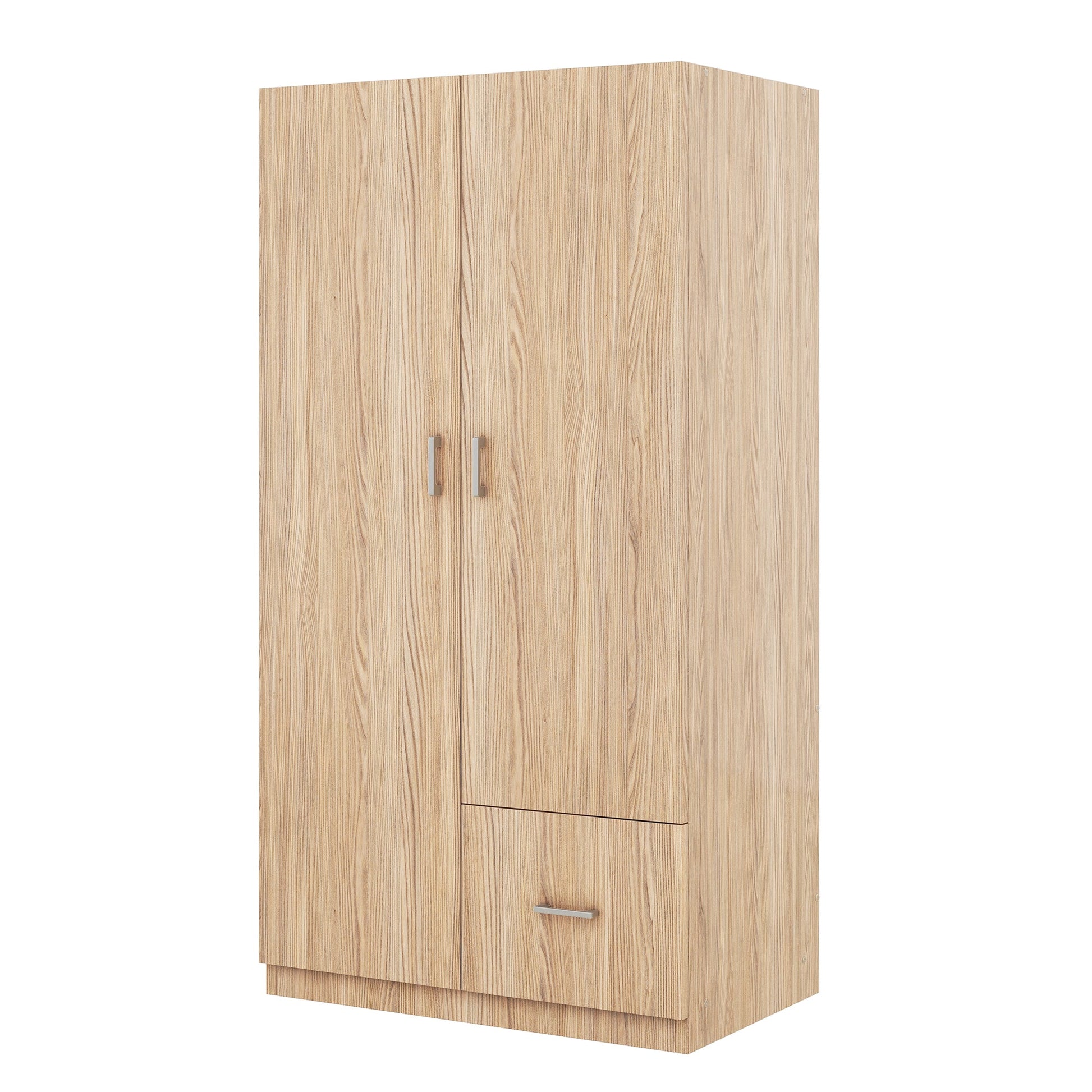 Wooden Wardrobe with Double Doors, Armoire with Hanging Rod, 5 Fixed Shelves, One Storage Drawer,Natural - Korvel