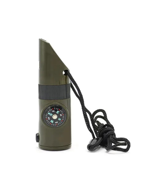 NEW 7 in 1 Survival Whistle Hiking Whistle Compass Mirror Flashlight Magnifier LED Light Thermometer Storage Compass Tool - Korvel