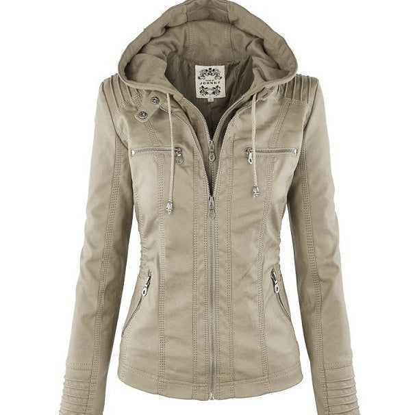 Women's Detachable Lapel Long Sleeve Solid Color Zipper Leather Jacket Coat - Korvel