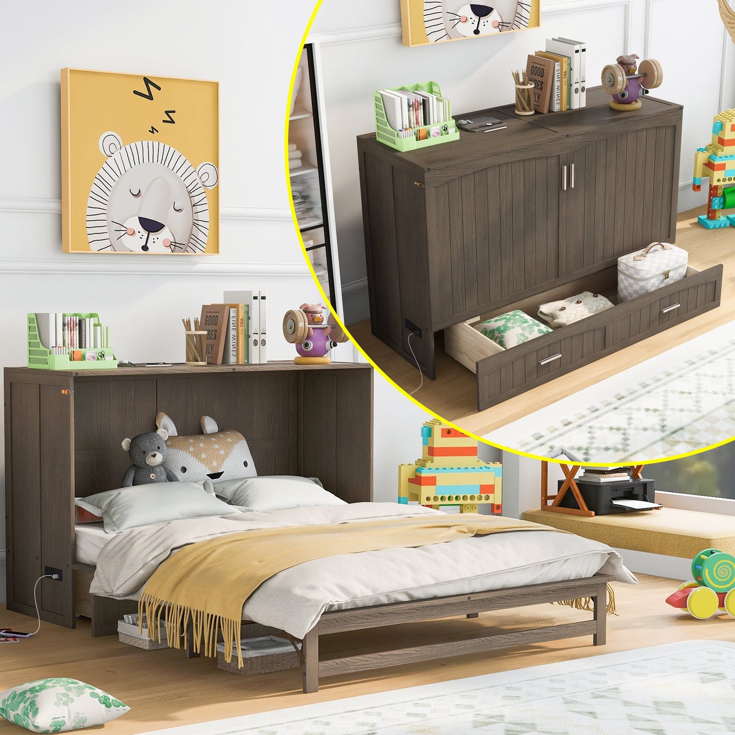 Queen Size Murphy Bed with Built-In Charging Station  Antique Grey - Korvel