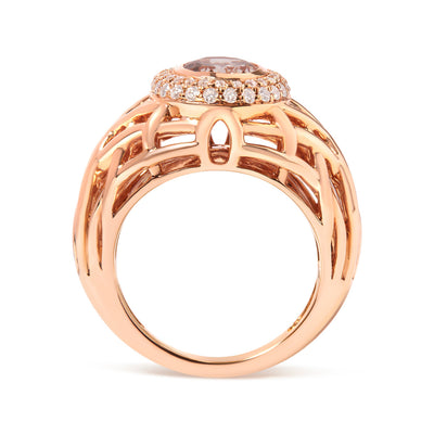 Anillo de cóctel con halo de morganita rosa claro y diamantes en oro rosa de 14K - Talla 7
