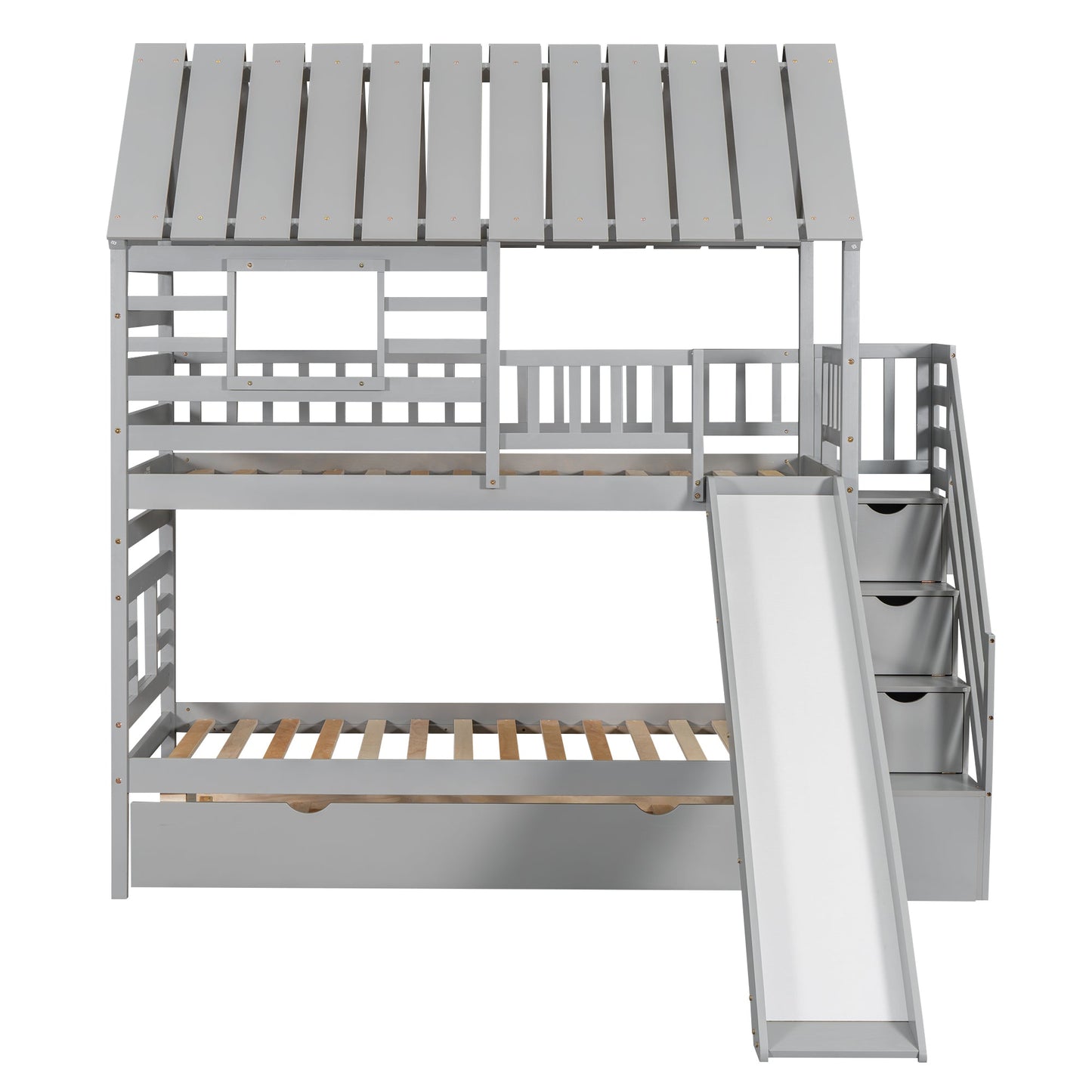 Lit superposé jumeau sur jumeau avec trundle et toboggan - Gris