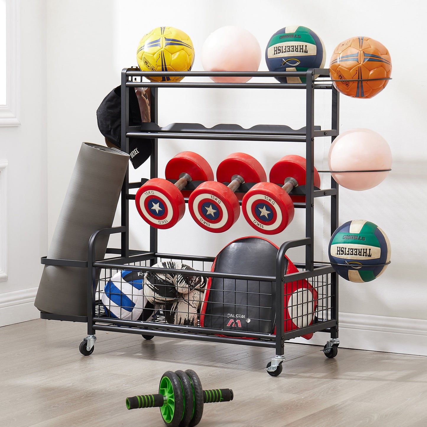 4-Tier Metal Storage Rack with Rolling Wheels and Hooks