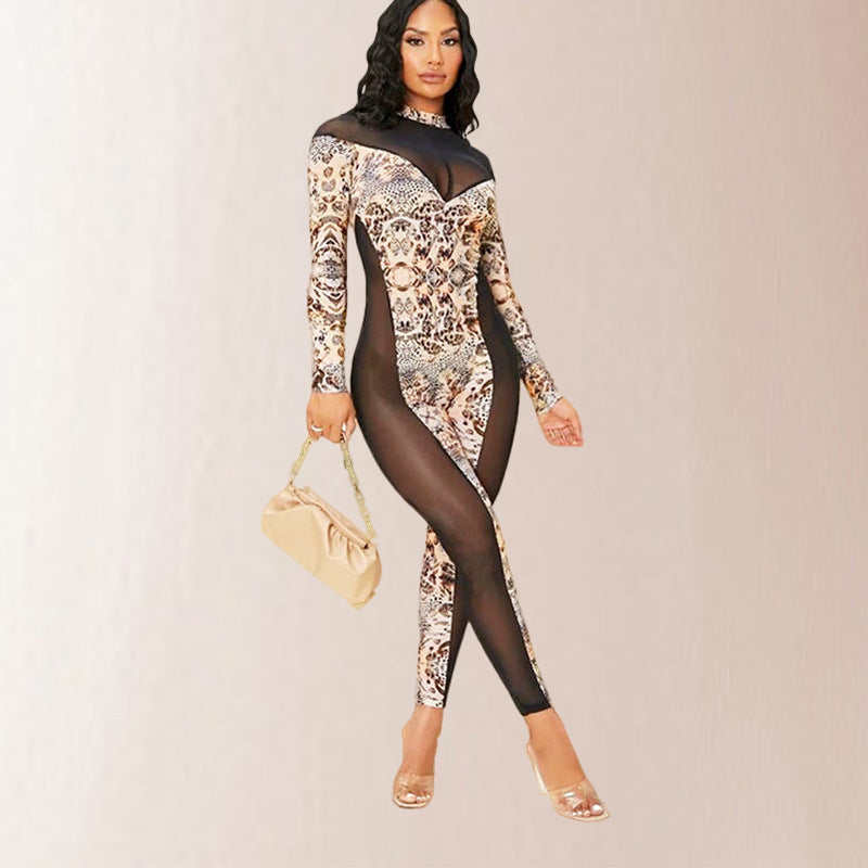 Women's Long Sleeve Spliced Jumpsuit Print Sheer Mesh Slimming Jumpsuit - Korvel