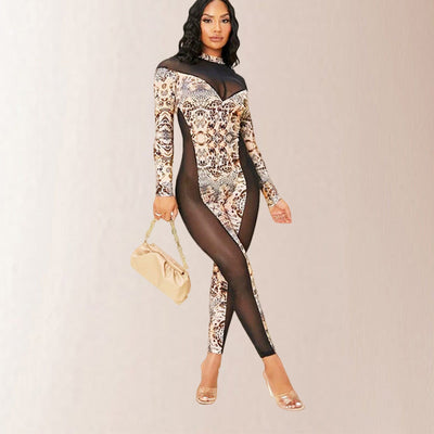 Women's Long Sleeve Spliced Jumpsuit Print Sheer Mesh Slimming Jumpsuit - Korvel
