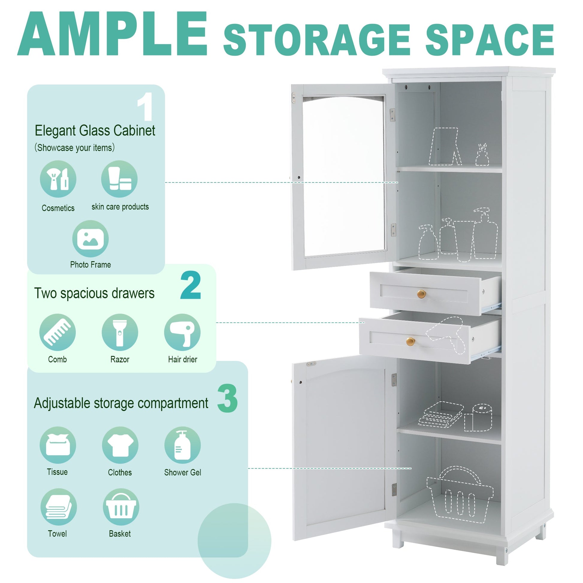 High bathroom storage cabinet with glass door, freestanding, two drawers and adjustable shelves, MDF board, painted white - Korvel