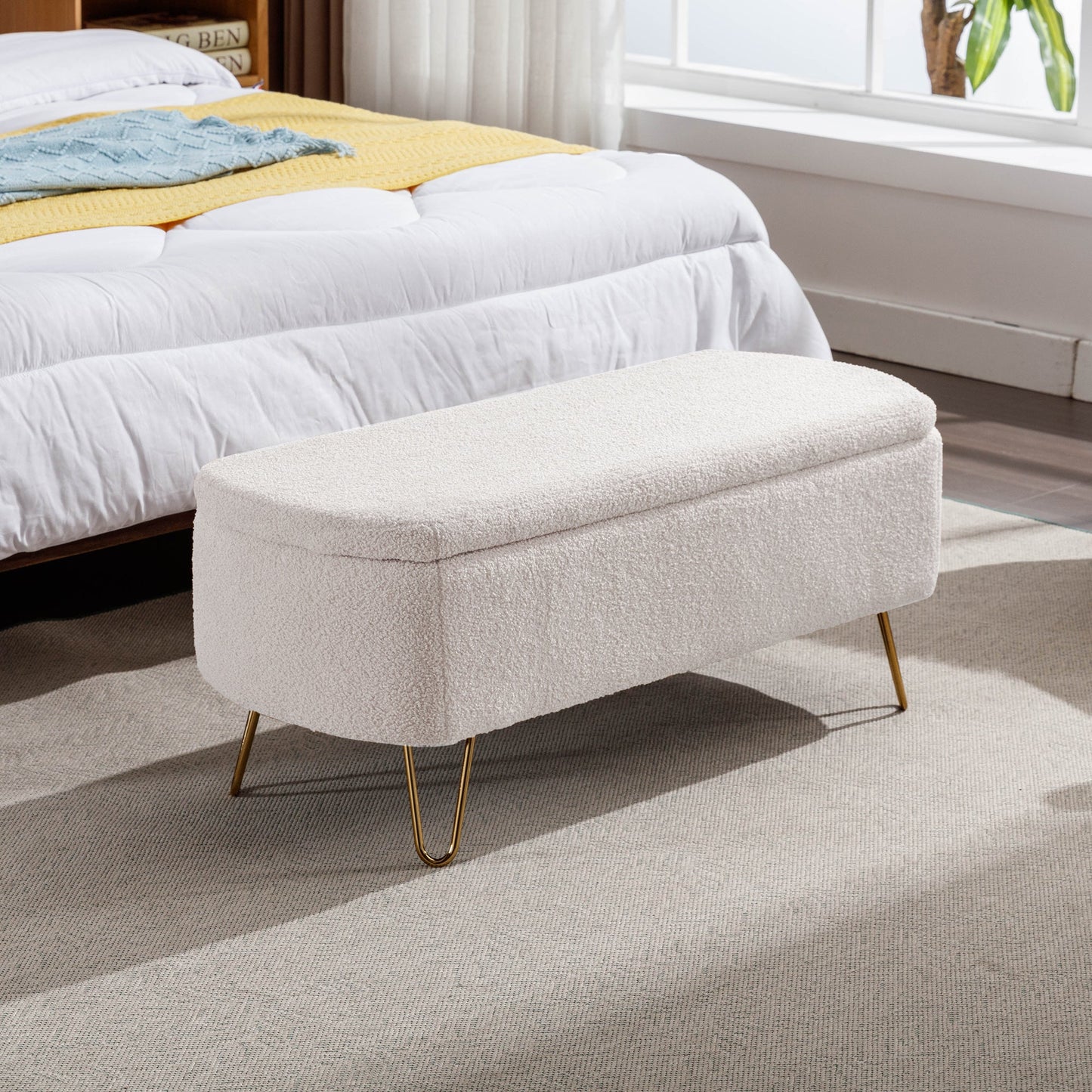 Ivory White Storage Ottoman Bench with Gold Legs