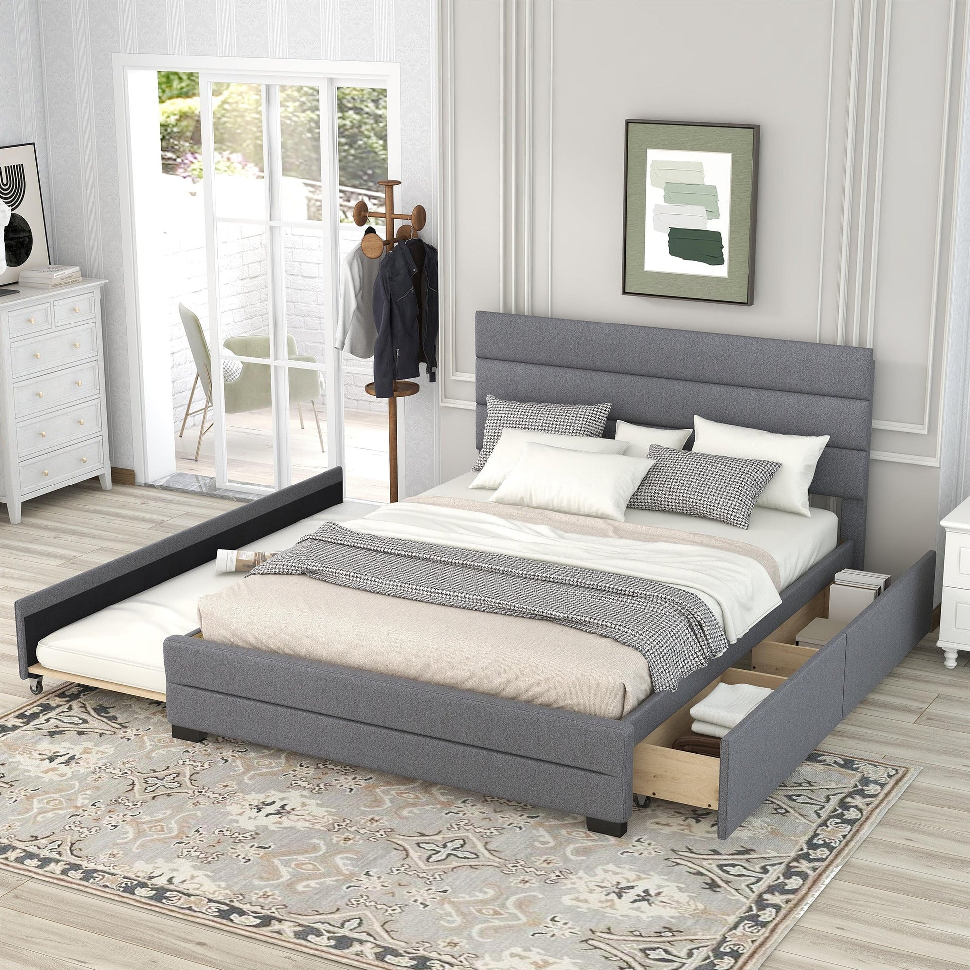 Queen Upholstered Platform Bed with Twin Size Trundle and Two Drawers Grey - Korvel