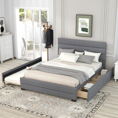 Queen Upholstered Platform Bed with Twin Size Trundle and Two Drawers Grey - Korvel