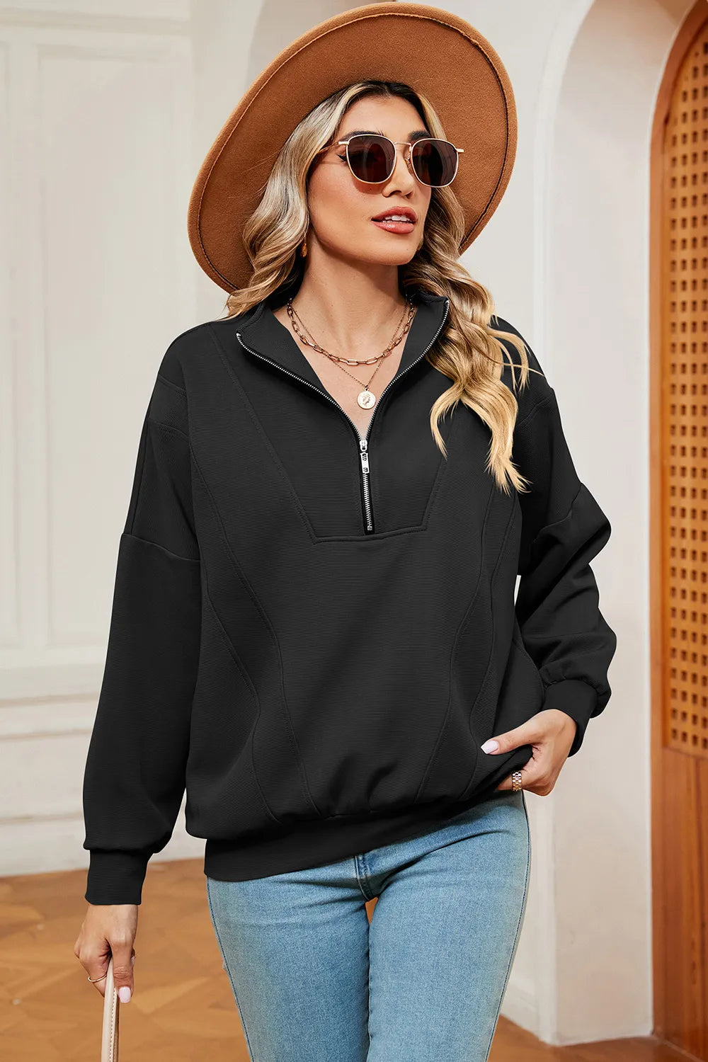 Solid Color Zipper Long Sleeve Pullover Sweatshirt for Women