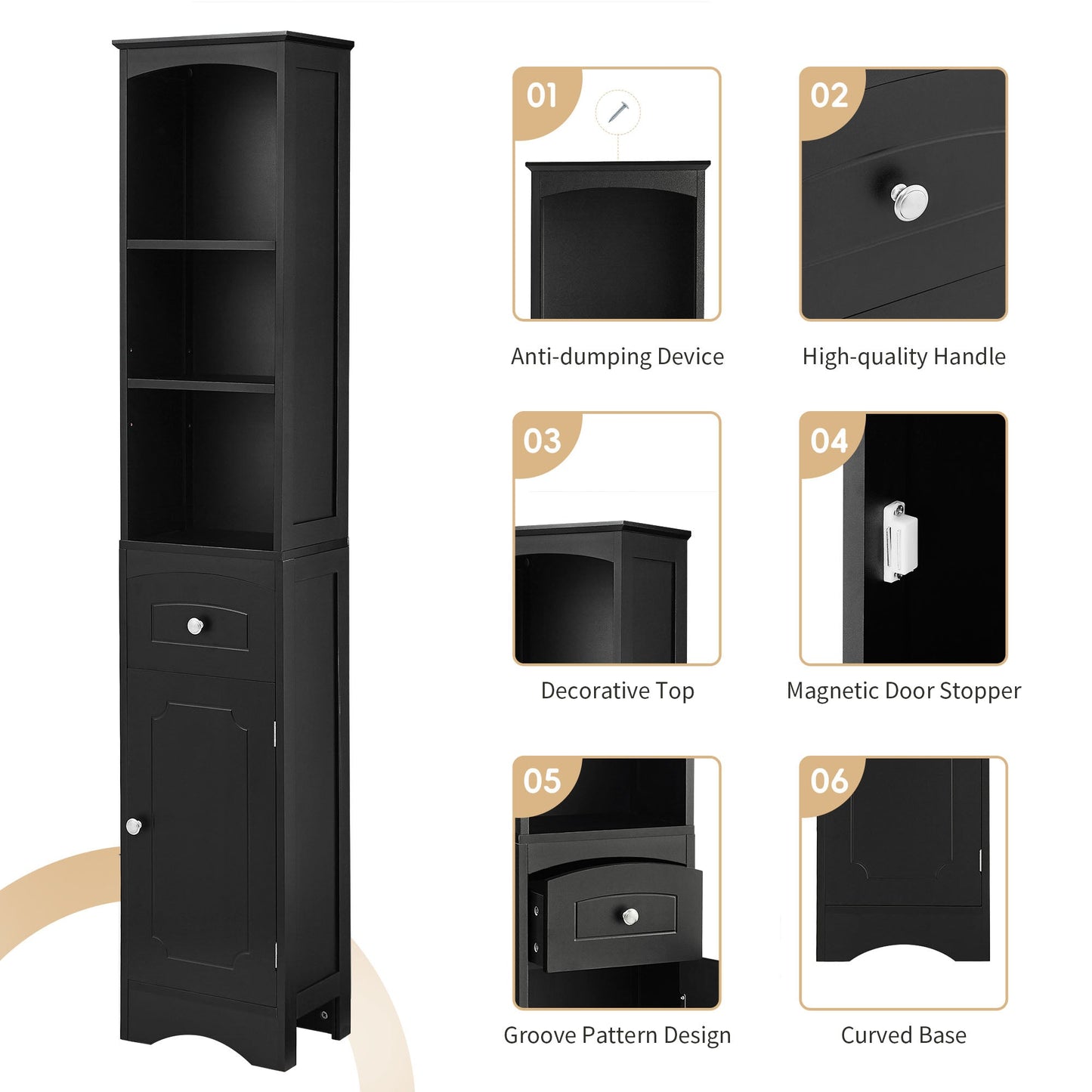 Armoire de Salle de Bain Élégante et Haute avec Étagère Réglable - Noir