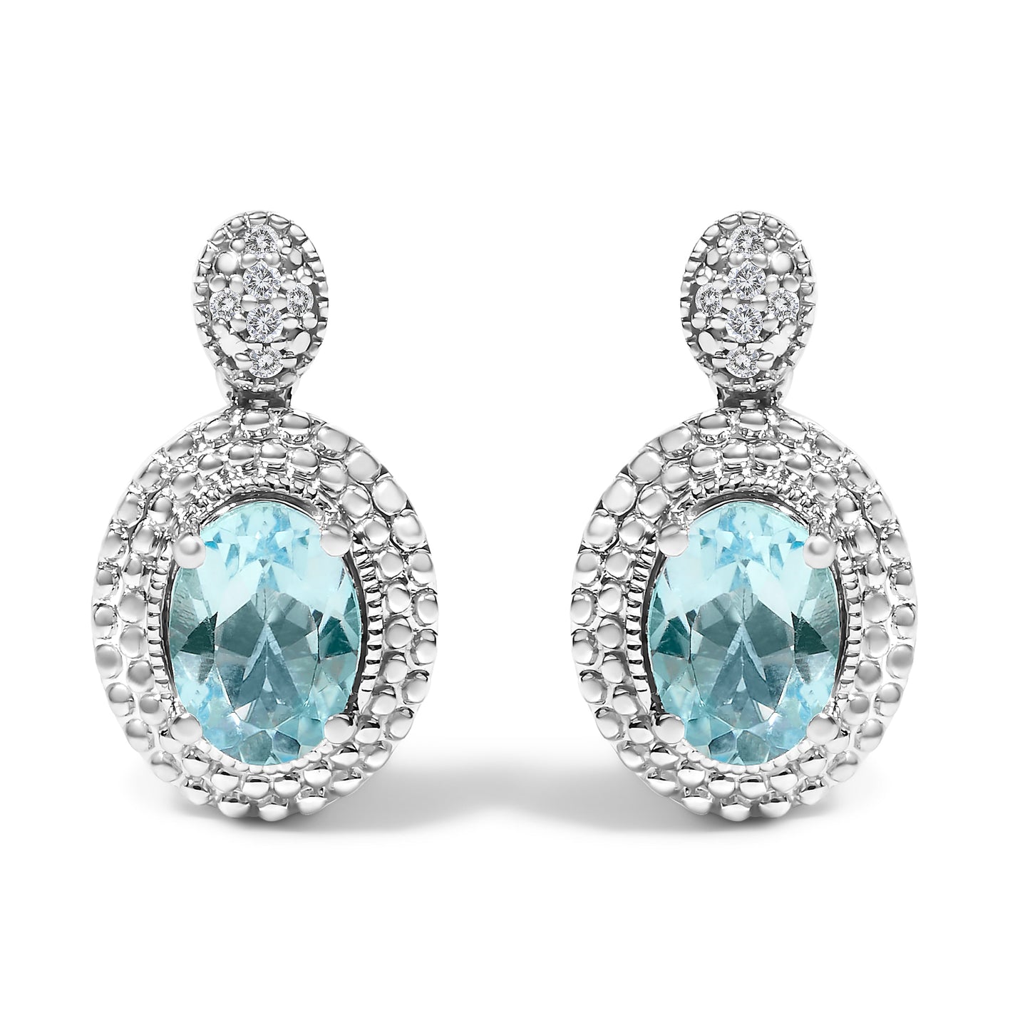 Boucles d'oreilles pendantes en argent sterling .925 avec topaze bleue et accents de diamant