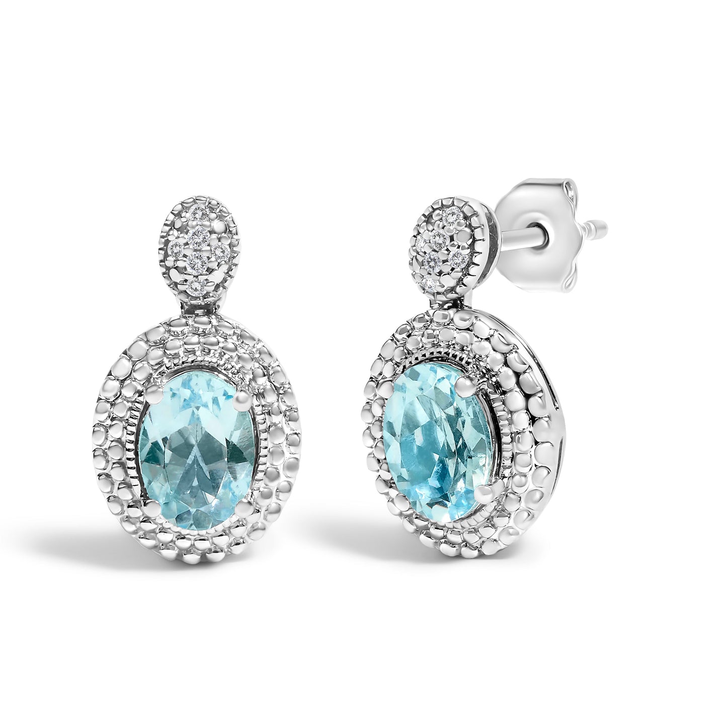 Boucles d'oreilles pendantes en argent sterling .925 avec topaze bleue et accents de diamant