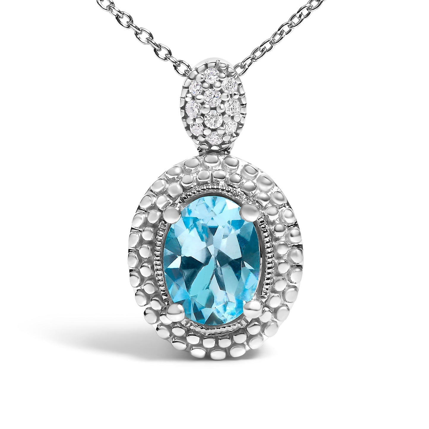 Collier Pendentif en Argent Sterling .925 avec Topaze Bleue et Diamant - 18"
