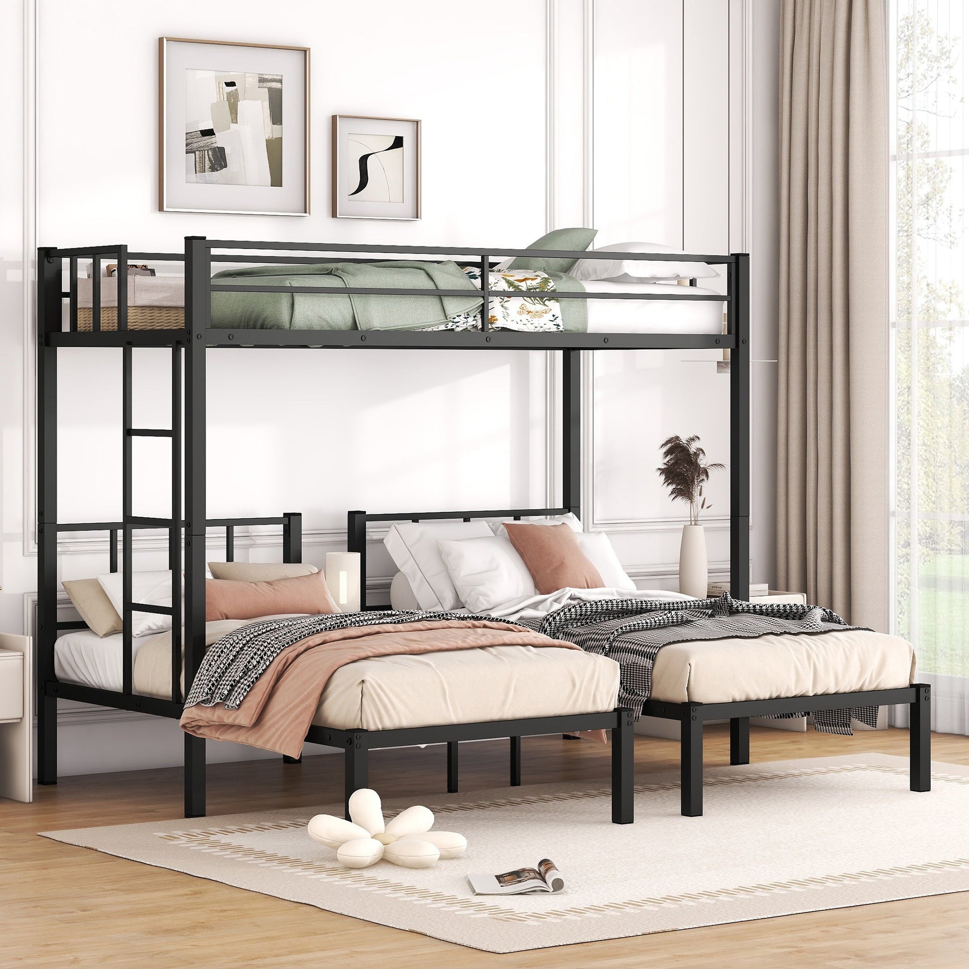 Twin over Twin & Twin Bunk Beds for 3, Twin XL over Twin & Twin Bunk Bed Metal Triple Bunk Bed, Black - Korvel
