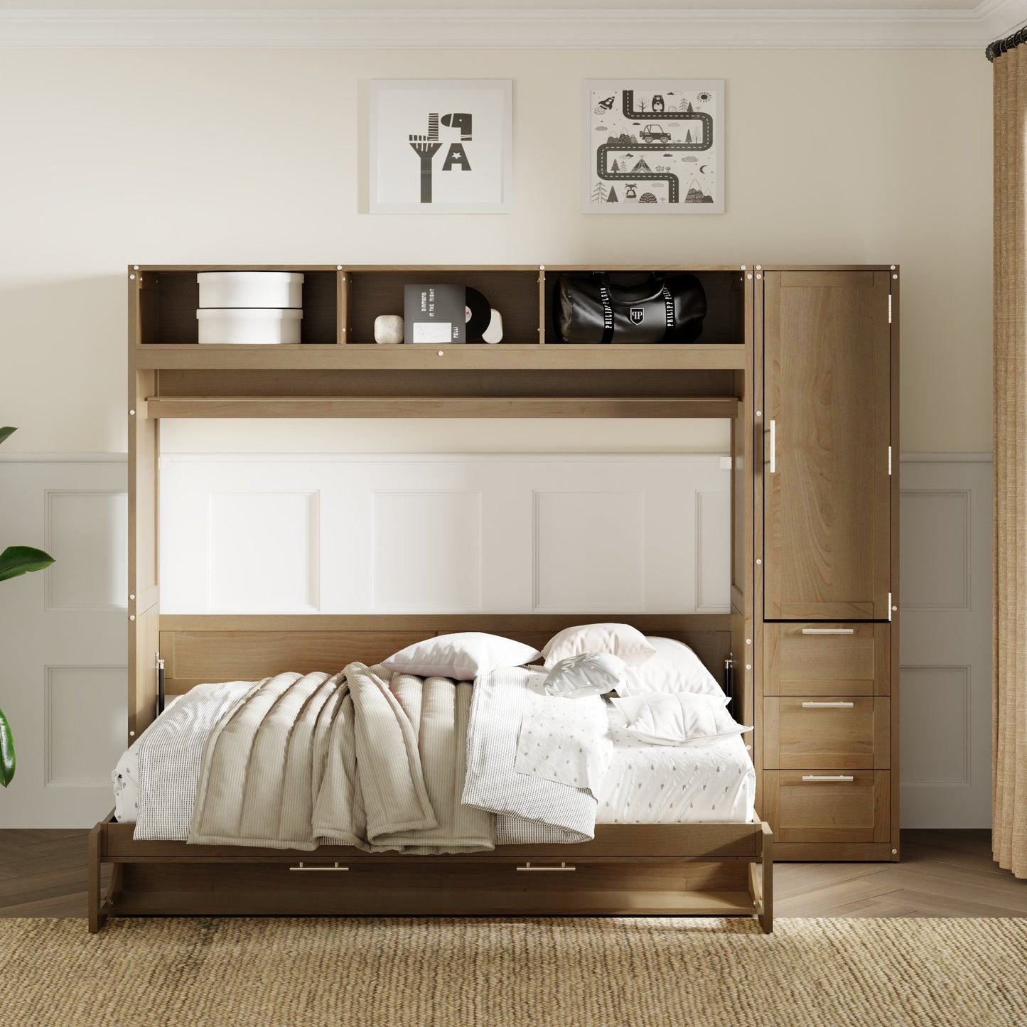 Full Size Murphy Bed with Wardrobe, Drawers and Open Shelves, Antique Grey - Korvel