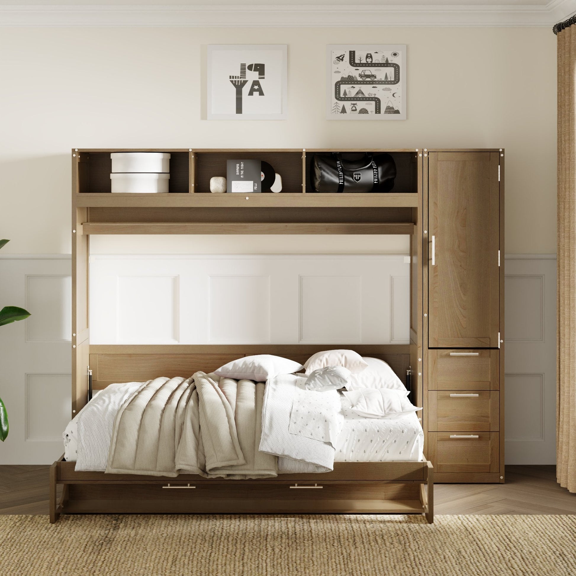 Full Size Murphy Bed with Wardrobe, Drawers and Open Shelves, Antique Grey - Korvel