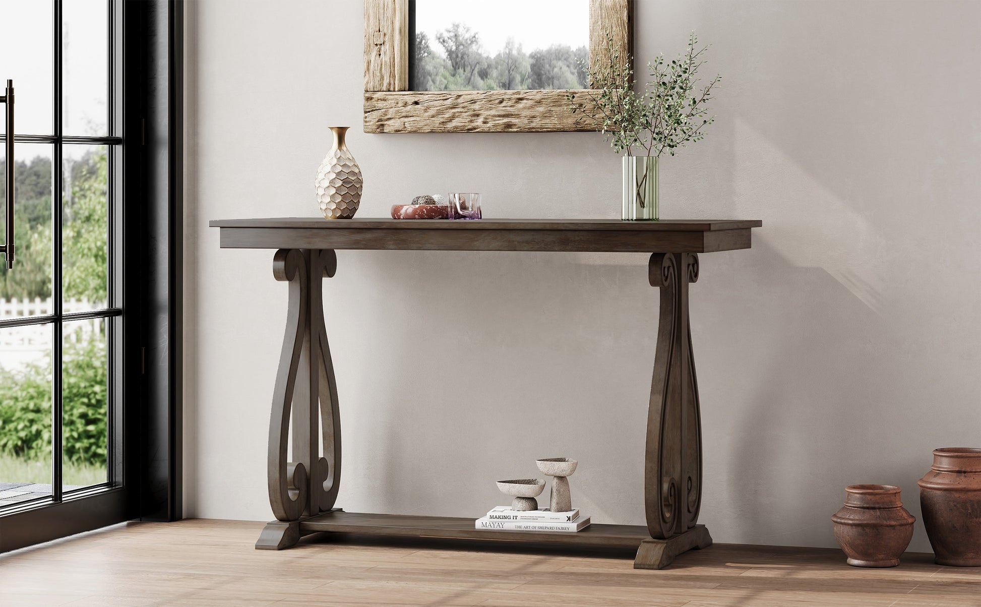 48-Inch Rustic Vintage Console Table --- Farmhouse Style Entryway Table with Open Shelf and Sturdy Construction (Walnut) - Korvel