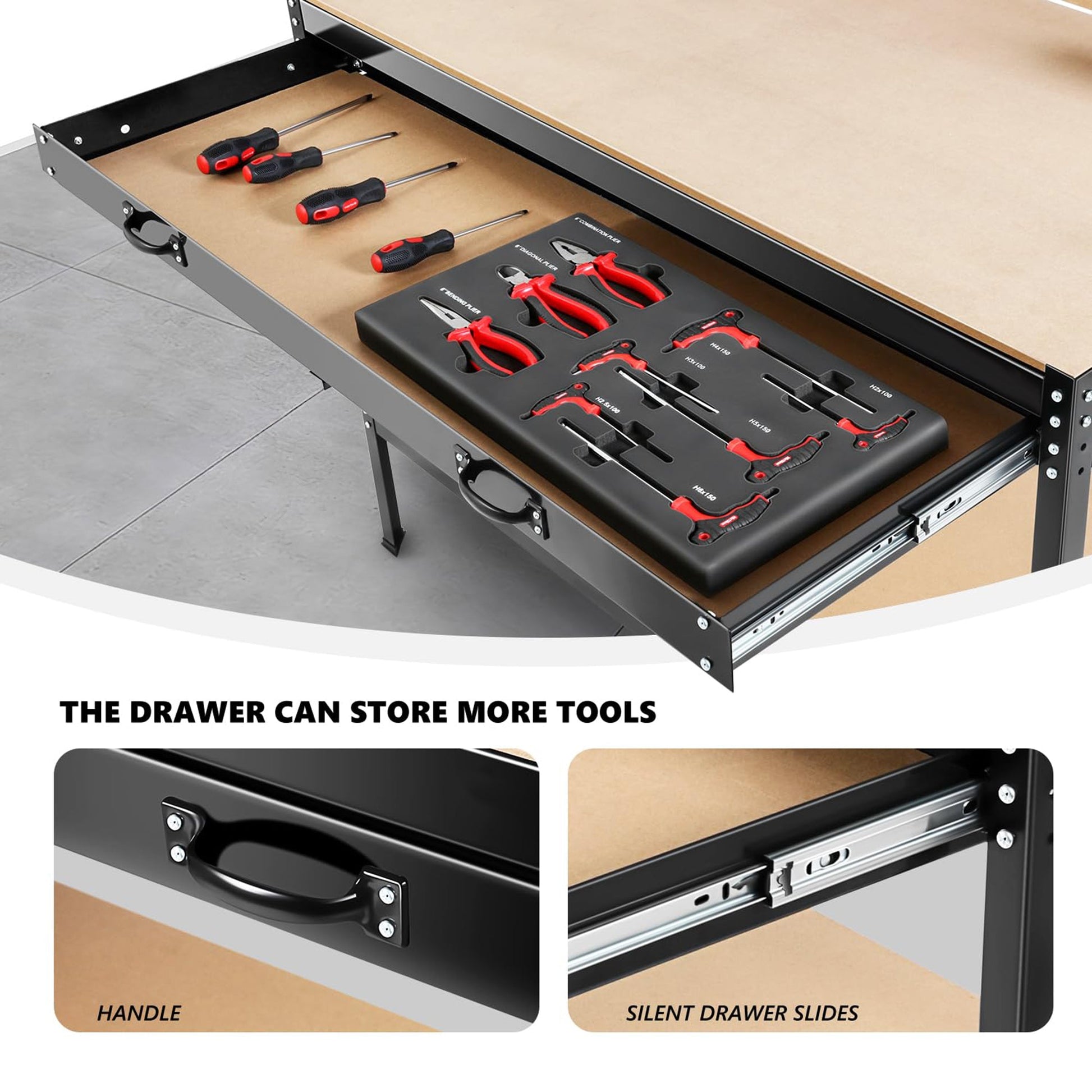 63" Tools Cabinet Working Tables Workbench Tool Storage Workshop Table with Drawers and Pegboard - Korvel