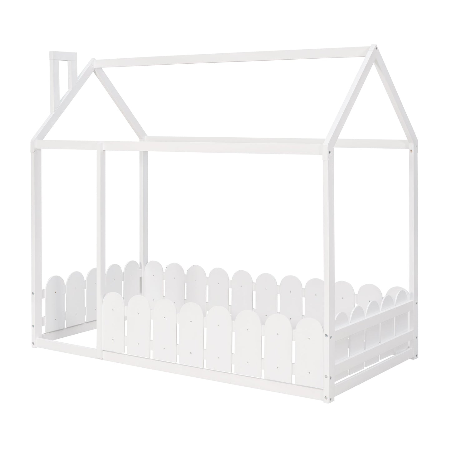 Cama de Madera en Forma de Casa para Niños de Tamaño Individual - Blanca