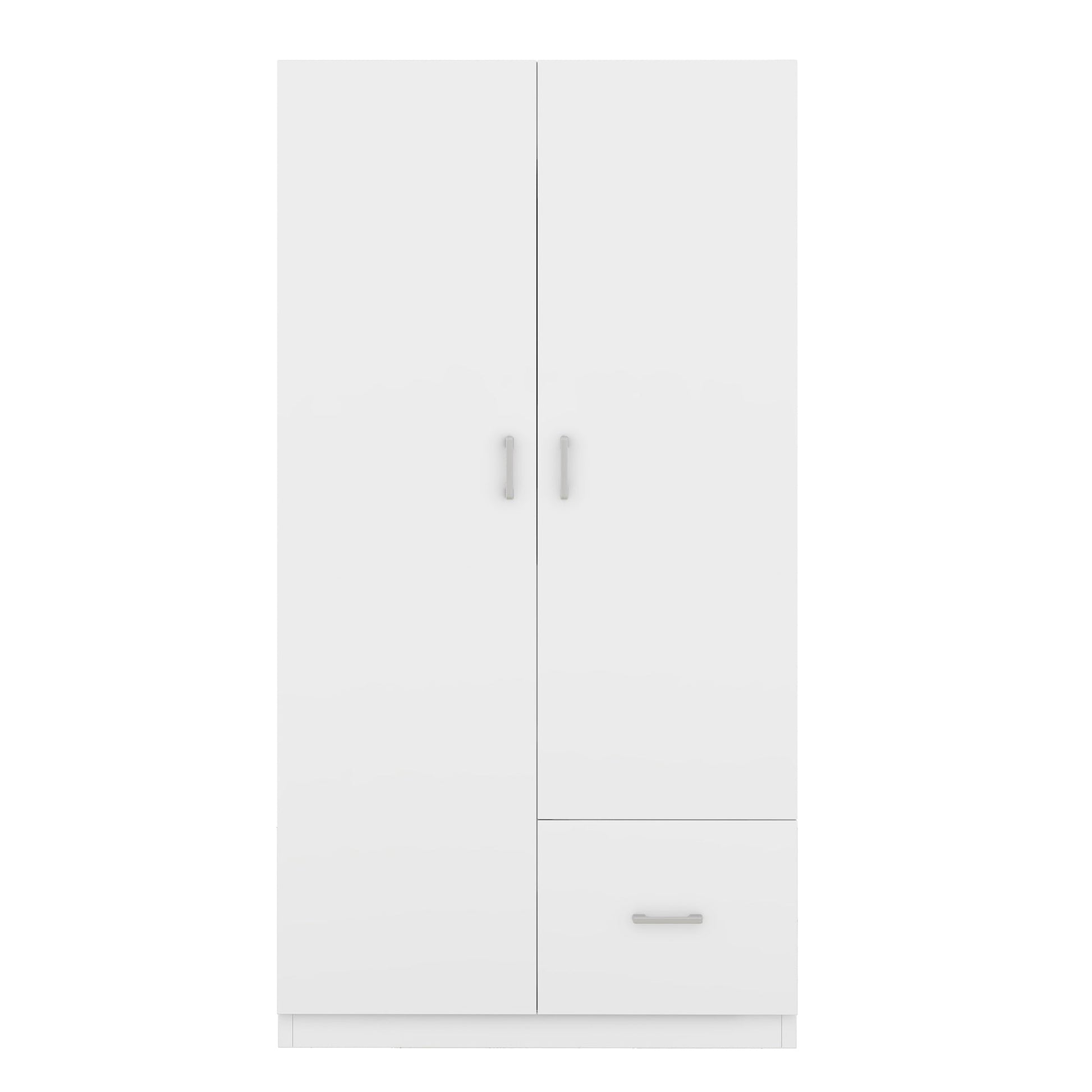 Wooden Wardrobe with Double Doors, Armoire with Hanging Rod, 5 Fixed Shelves, One Storage Drawer,White - Korvel