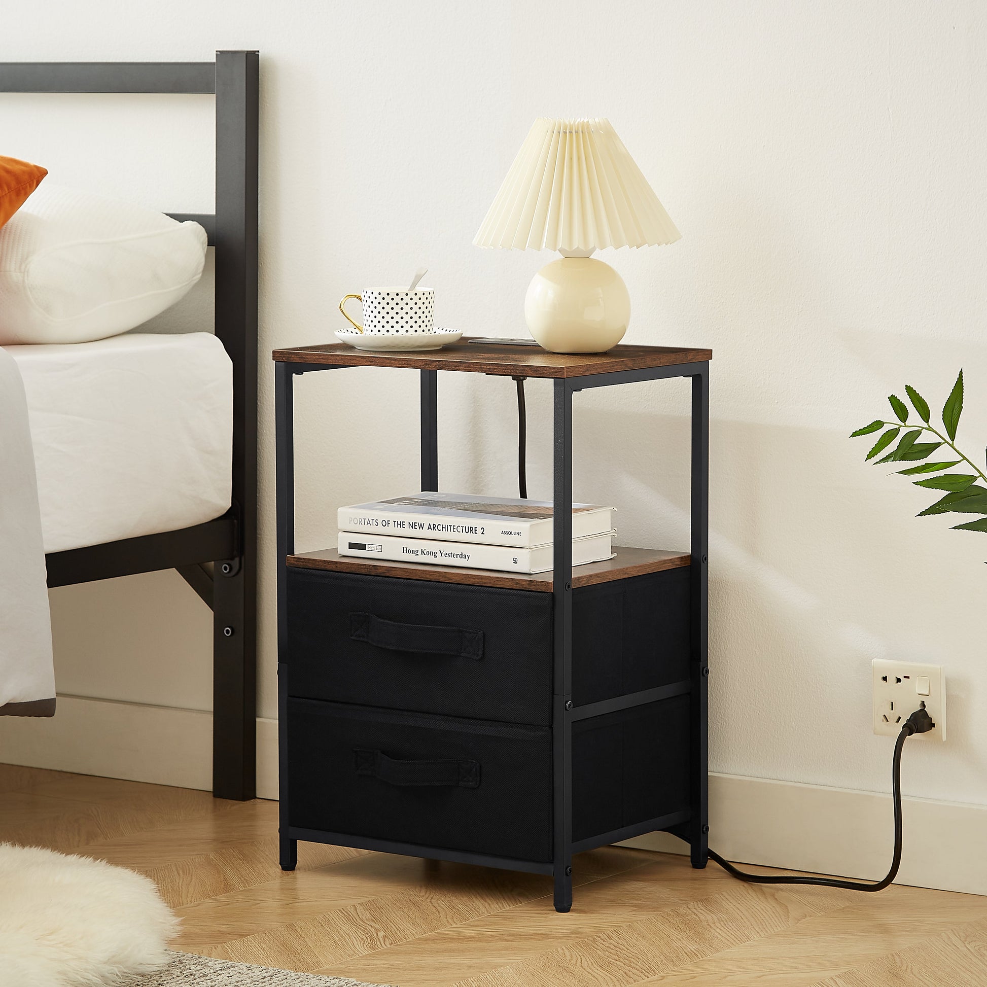 Tea table with charging station, bedside table with USB port, socket and cloth bag, 2 drawers - Korvel