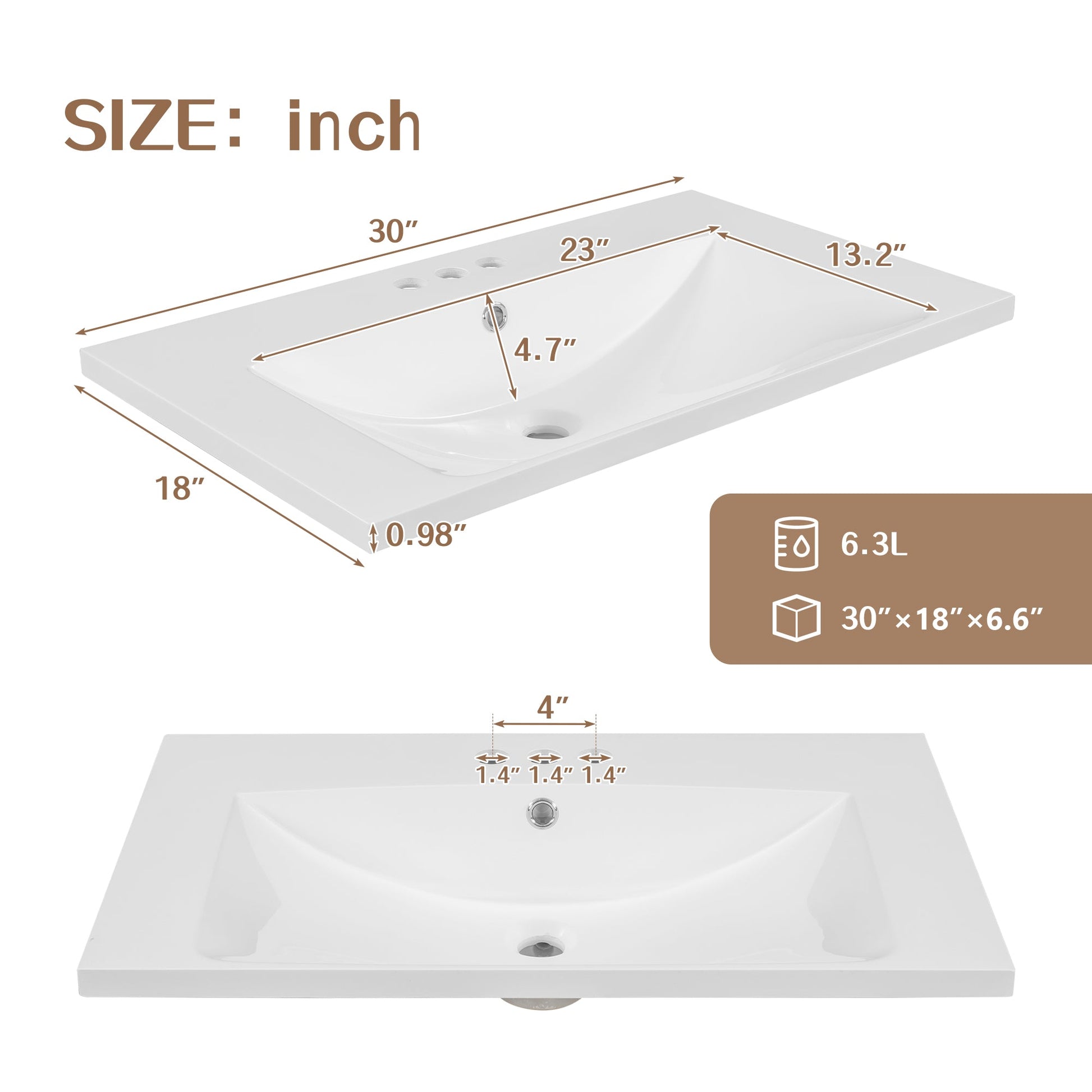 30" Single Bathroom Vanity Top with White Basin  3-Faucet Holes  Ceramic White - Korvel