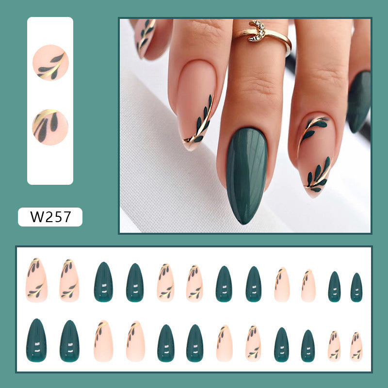Almond Fake Nails with Green Leaves Design Elliptic Acrylic False Nails Wearable French Press on Nail Manicure Tips - Korvel