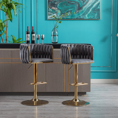 Set of 2 Bar Stools with Chrome Footrest and Base Swivel Height  Velvet + Golden Leg Simple Bar Stool-Grey - Korvel