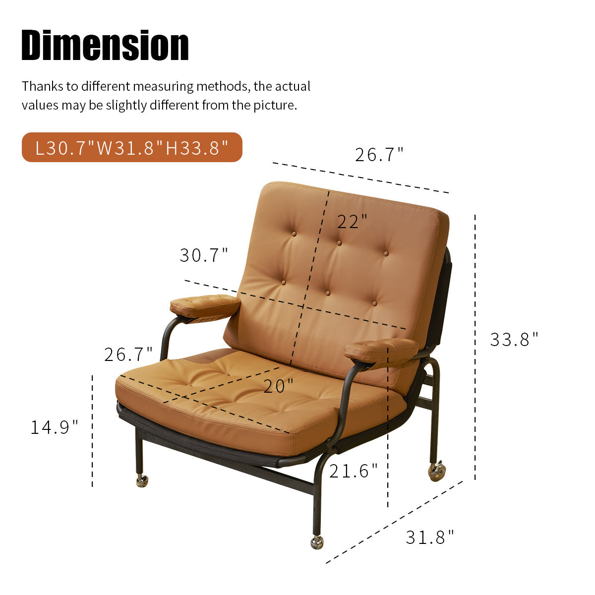 Living room chair with adhesive leather armrests, high backrest, metal legs, and soft padding (1 piece in brown) - Korvel