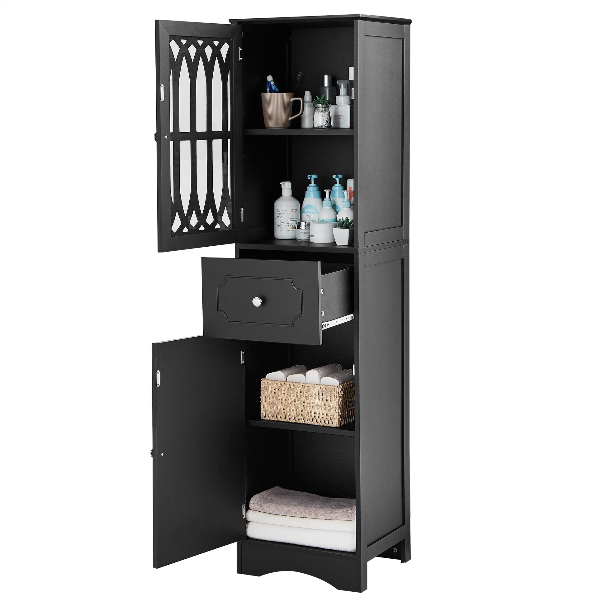 Tall Bathroom Cabinet, Freestanding Storage Cabinet with Drawer and Doors, MDF Board, Acrylic Door, Adjustable Shelf, Black - Korvel