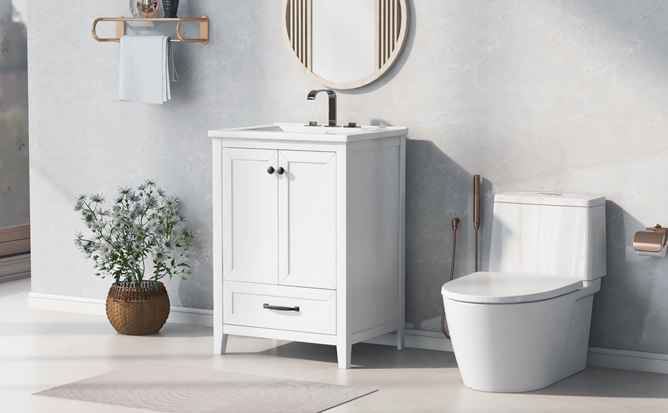 24" Bathroom Vanity with Sink, Bathroom Vanity Cabinet with One Drawer and Doors, Solid Wood and MDF, White - Korvel