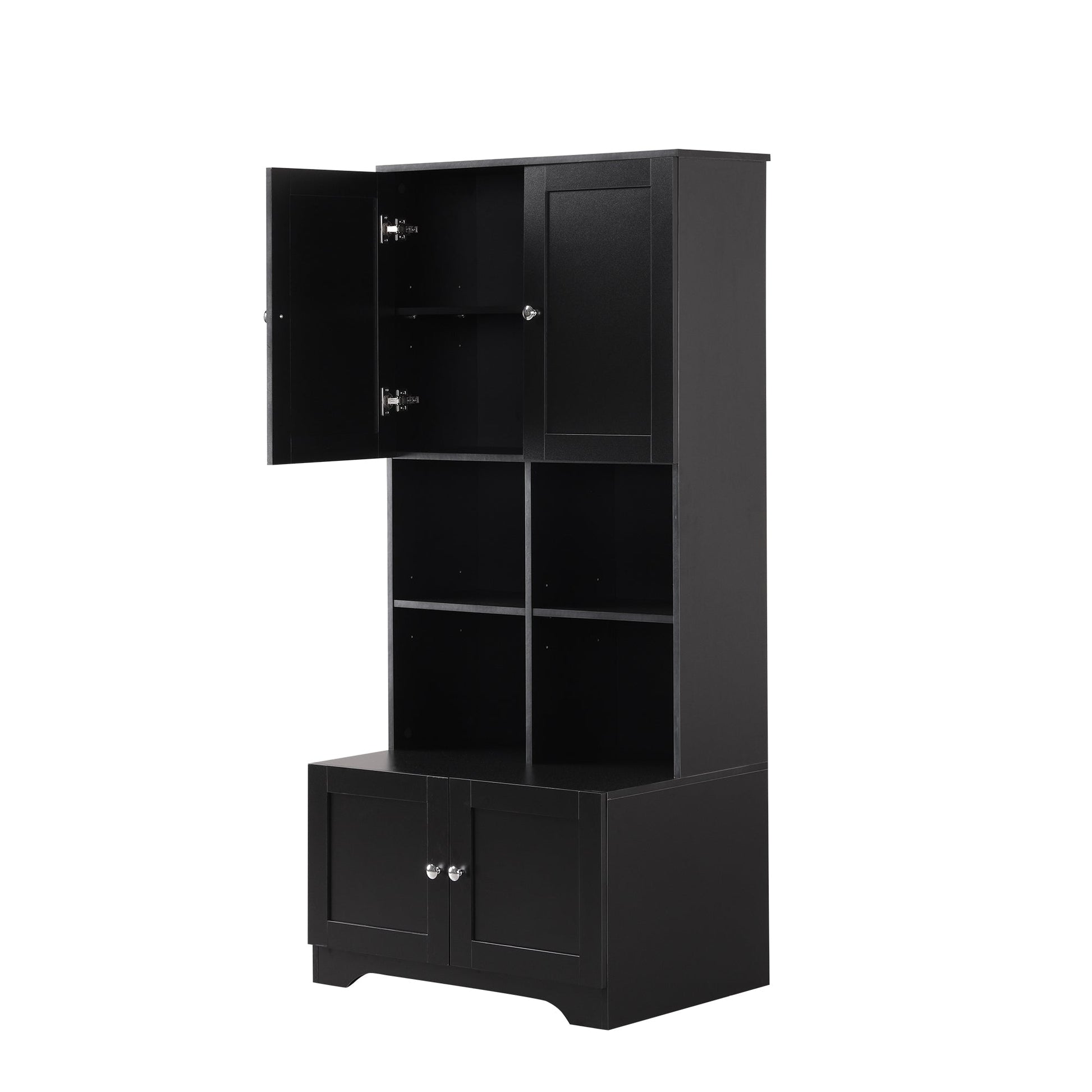 Bathroom storage cabinet, 4-door independent cabinet, adjustable shelf, open multi-layer shelf, black - Korvel