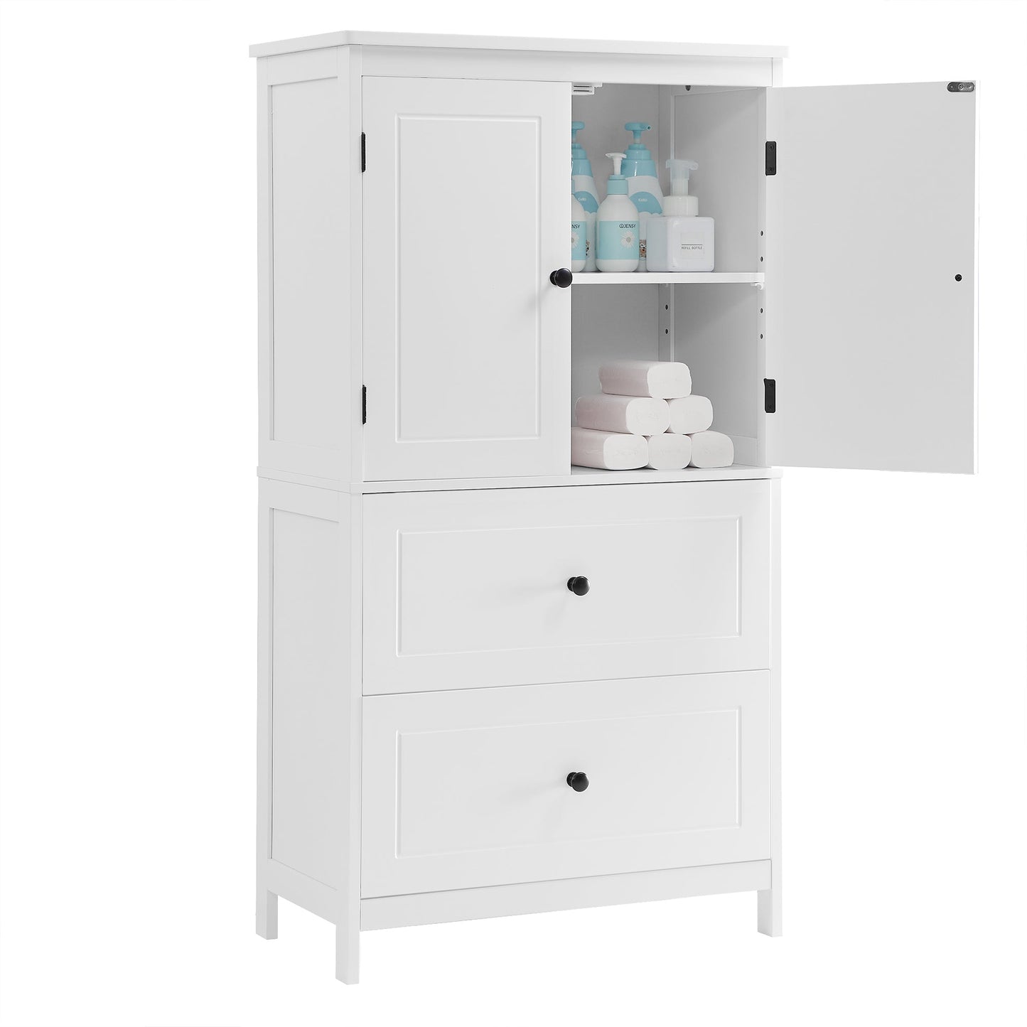 Bathroom Storage Cabinet, Cabinet with Two Doors and Drawers, Adjustable Shelf, MDF Board, White - Korvel