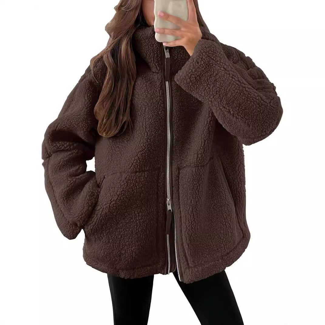 Manteau élégant d'hiver à col avec fermeture éclair et poches