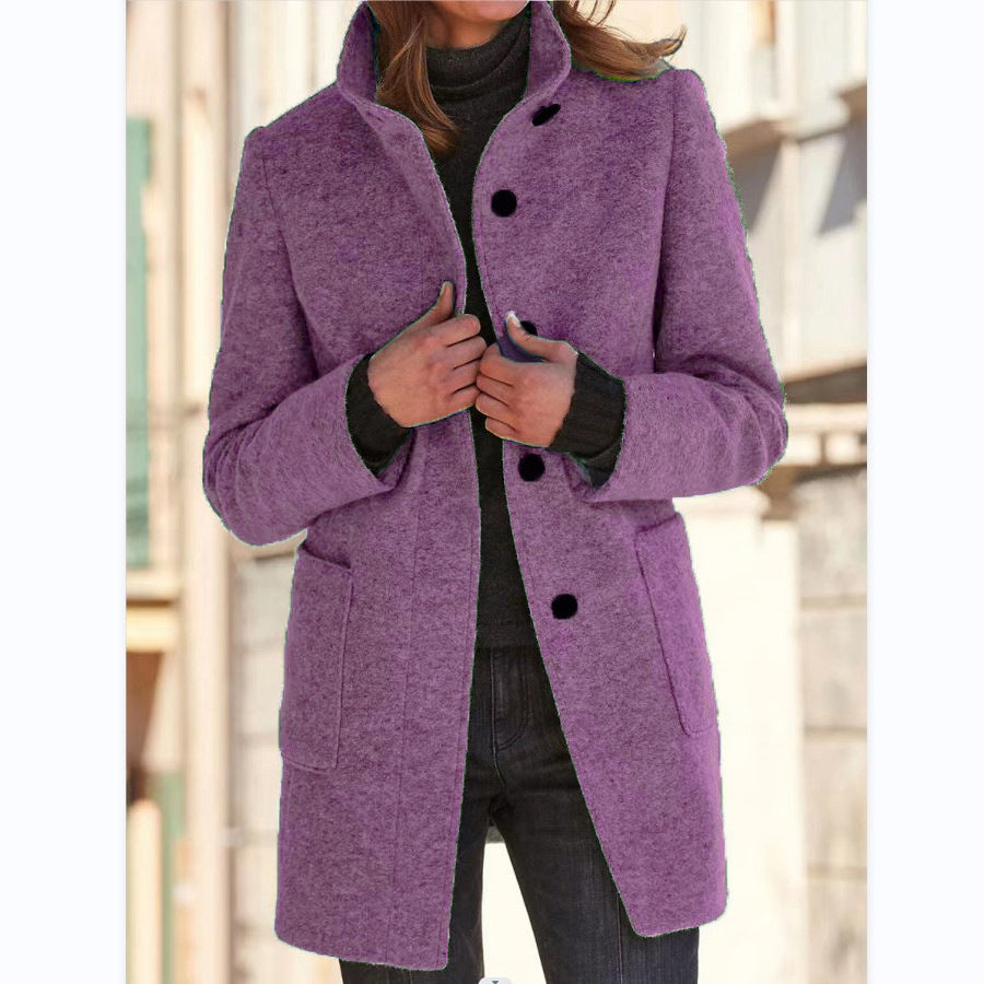 Manteau en Laine à Col Montant avec Poches pour Femmes