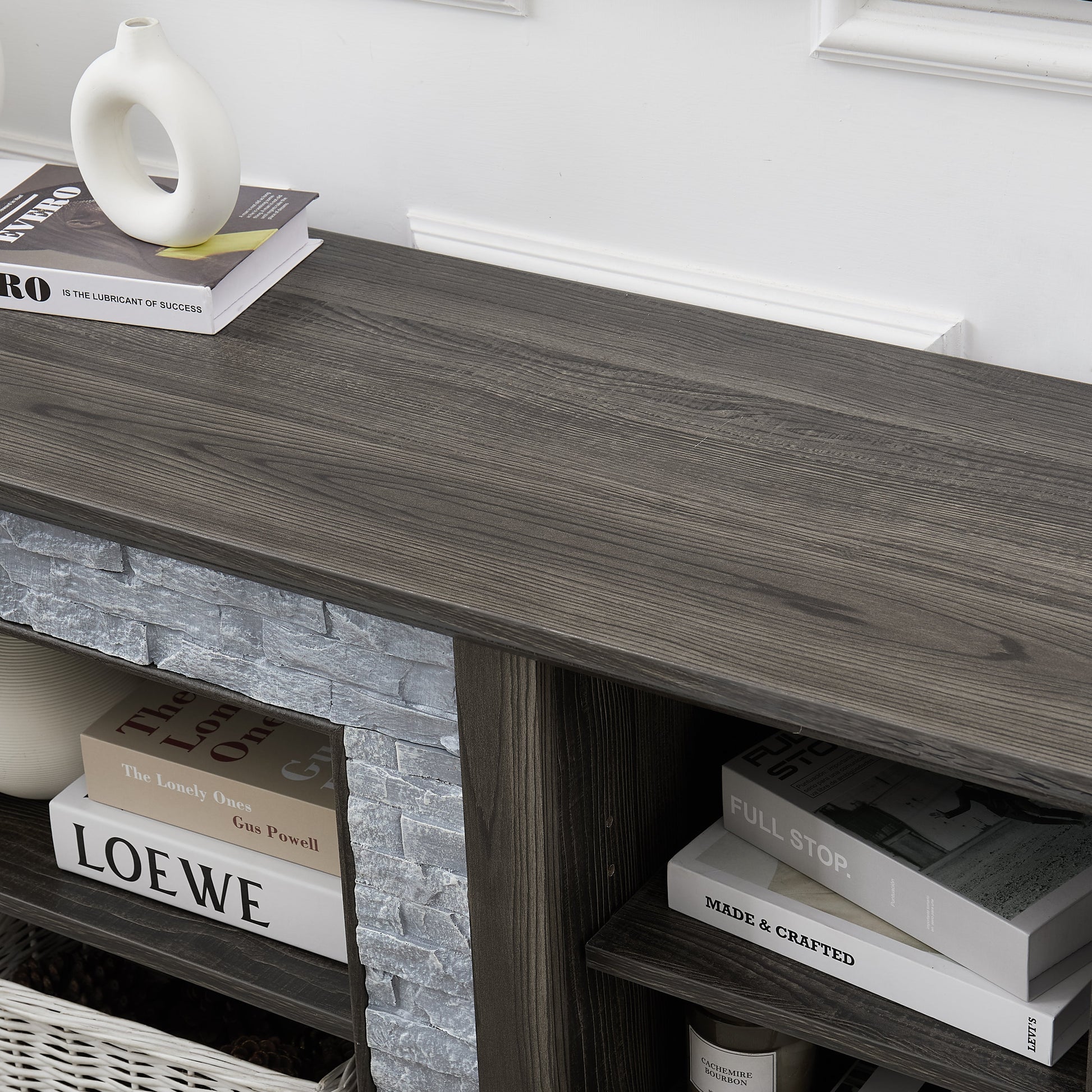 Mantel Stone modern entertainment console, manually stacked stone surrounds open storage space, gray - Korvel